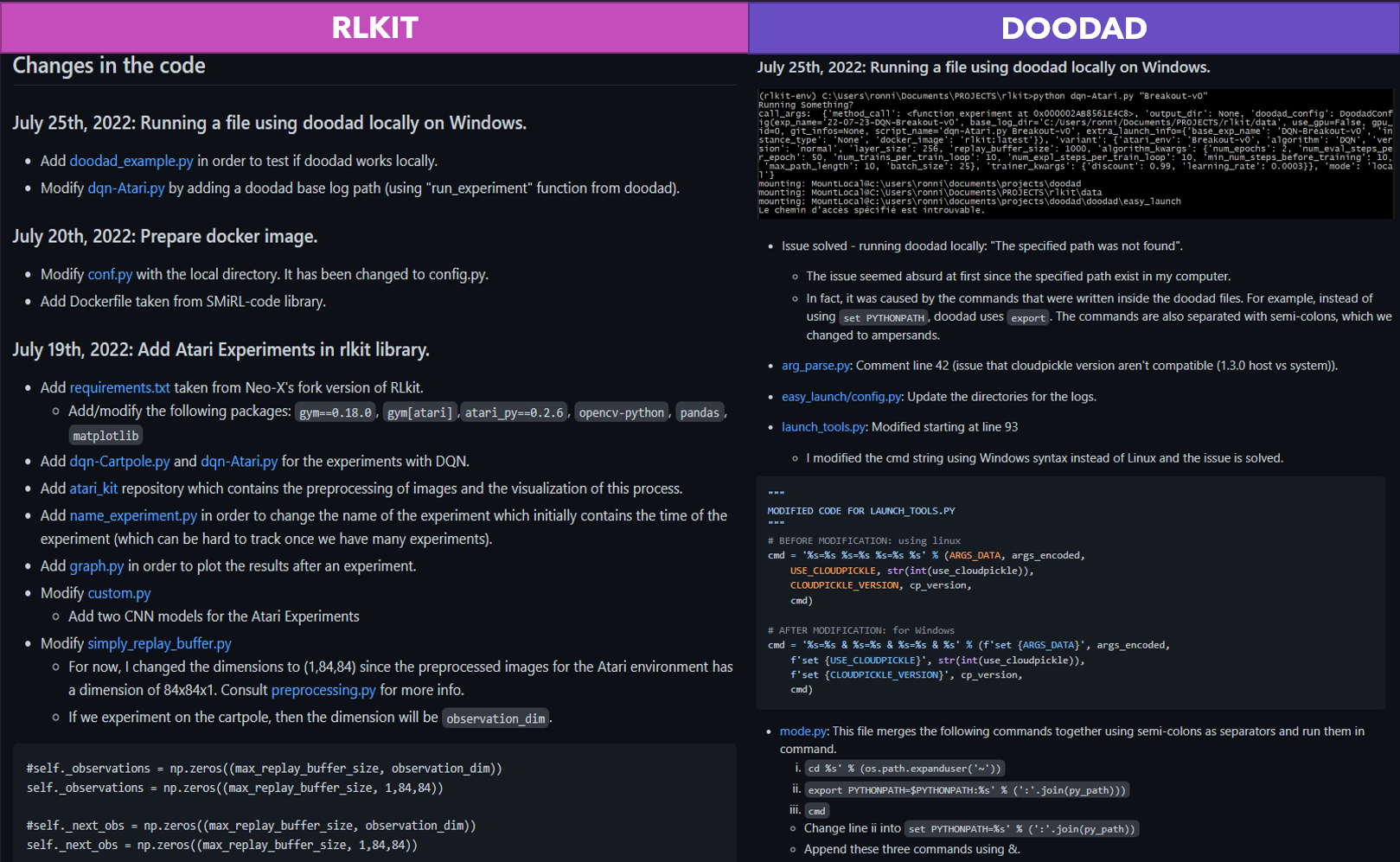 List of initial changes in RLKIT and DOODAD